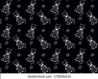 Seamless dark childish pattern of white contour lynx girls with rosy cheeks in long polka dot dresses and abstract daisy flowers on a black background. Endless texture like a chalk board. Vector.