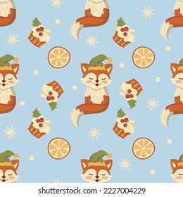Seamless dark christmas pattern cute fox in hat orange christmas cake
