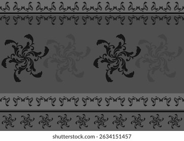 Seamless dark damask pattern with elegant floral swirls and borders. Ideal for luxury packaging, wallpaper, fabric, wrapping paper, backgrounds, or classic vintage design themes.