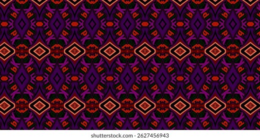 Seamless Dark Ethnic Pattern with Bold Colors and Abstract Shapes