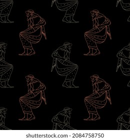 Seamless dark ethnic pattern with seated ancient Greek gods or men. Hand drawn linear sketches. On black background.