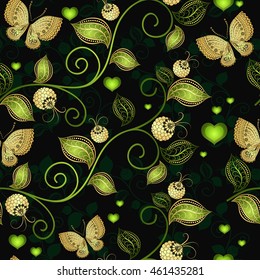 Seamless dark floral pattern with gold gradient butterflies and green hearts, vector