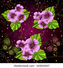 Seamless dark floral pattern with pink flowers and butterflies (vector eps 10)