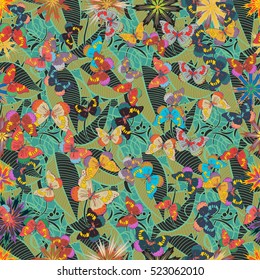 Seamless dark floral pattern with transparent colorful flowers and butterflies. Vector EPS 10.