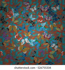 Seamless dark floral pattern with transparent colorful flowers and butterflies. Vector EPS 10.