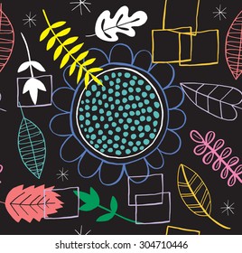 Seamless dark flower pink blue drawing background pattern in vector.