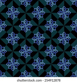 Seamless dark geometric pattern with blue decorative elements. Vector illustration