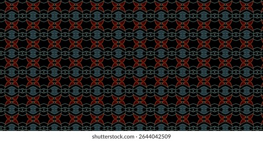 Seamless dark geometric pattern featuring symmetrical abstract forms in red and blue tones, perfect for tech-inspired digital backgrounds and modern design concepts