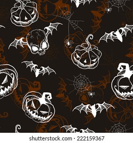 Seamless dark Gothic pattern of hand-drawn cartoon bats, spider webs, pumpkin, and skull for Halloween