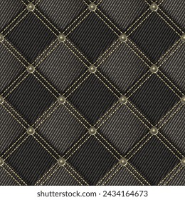 Seamless dark gray denim pattern with fabric patches, double stitching, rivets. Detailed checkered background.
