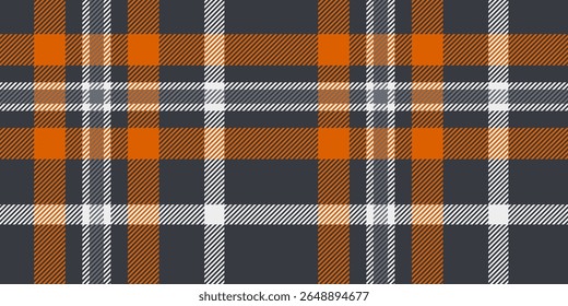 Seamless dark gray, orange, and white tartan plaid pattern with bold diagonal stripes. Geometric checkered design for fabric, wallpaper, or digital backgrounds. Vector repeatable textile texture.