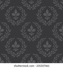 Seamless dark gray vintage fleur de lis and laurel wreath pattern vector