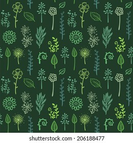 Seamless dark green background with elements of plants