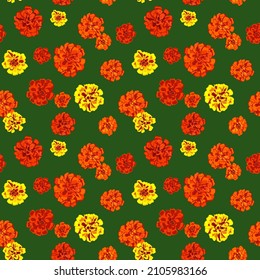 Seamless dark green background with red, yellow and orange marigold flowers for fashion design, textile, wrapping paper, package wallpaper. Mexican national print