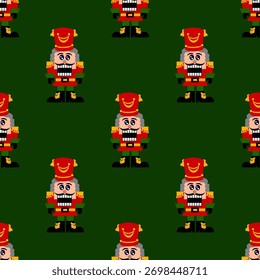 Seamless dark green Christmas pattern with traditional nutcracker toy soldiers. Elegant and festive design for packaging, textiles, and gift wrapping.