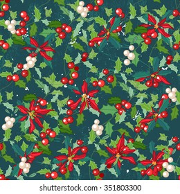 Seamless dark green pattern with traditional festive flower - Christmas star. For your design, announcements, greeting cards, postcards, posters.