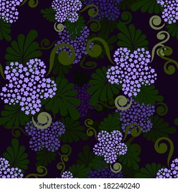 Seamless dark green and purple floral vector wallpaper pattern.