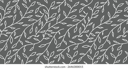 Seamless dark grey leaf outline pattern. Elegant botanical vector design for fabric, wallpaper, wrapping paper, packaging, invitations, and nature-themed decor projects.