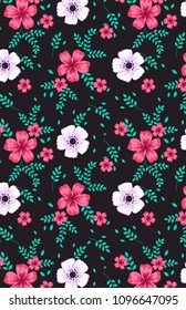 Seamless Dark Ground Floral Pattern with Red and White Flowers