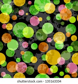 Seamless dark grunge spotty pattern with colorful translucent balls (vector EPS 10)