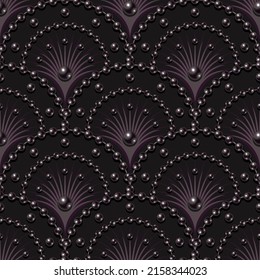 Seamless dark lilac pattern with fan shaped grid, string of pearl bads, thin rays inside of grid cell. Classic luxury background. Vector