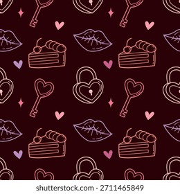 Patrón de Doodle de amor oscuro sin fisuras con cerraduras de corazón, llaves, labios y rebanadas de pastel