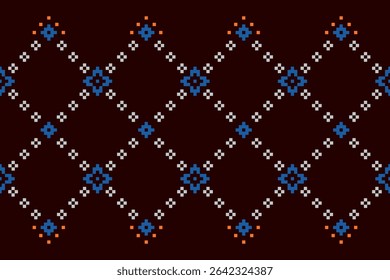 Seamless dark maroon background with diagonal diamond grid in ethnic cross-stitch style. Suitable for fabric or holiday themes.