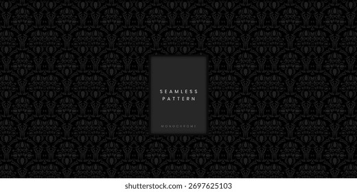 A seamless dark monochrome ornamental pattern with repeating damask pillar motifs. Perfect luxury background or classic texture for corporate branding, architecture, textile prints, elegant packaging.