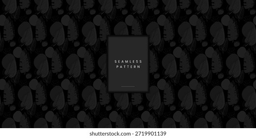 Seamless dark monochrome pattern with line art leaves and dotted texture on black repeating charcoal botanical outline and hand drawn elements for modern design
