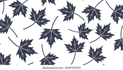 Seamless dark navy maple leaf pattern on white background, perfect for seasonal autumn designs, nature-inspired wallpapers, eco packaging, elegant textile prints, and stylish digital graphics.