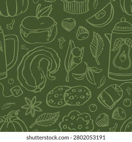 Seamless dark olive green pattern with pale green outlined autumn objects, including a mug, squash, leaves, mushrooms, flowers, cookies, nuts and kitchen items. Curved stems and tiny leaves fill gaps