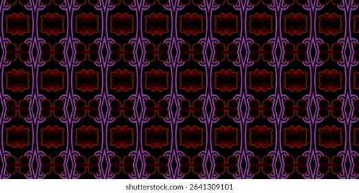 Seamless dark ornamental pattern with glowing red floral shapes and symmetrical purple lines, perfect for elegant backgrounds and textile or digital designs.
