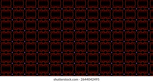 Seamless dark ornamental pattern with glowing red and orange symmetry on a black background, perfect for textiles or wallpaper.