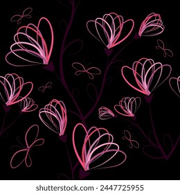 Patrón oscuro inconsútil de las flores de una línea. dibujado a mano. No AI . Ilustración vectorial.