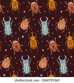 Seamless dark pattern with geometric insects and polka on brown background. Vector texture with stag beetle, flying ant, ladybug in retro colors. Stylish wallpaper with flat hand drawn bugs.