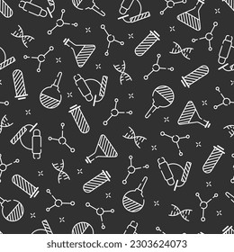 seamless dark pattern with medicine icons laboratory microscope test tube molecules