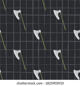 Patrón oscuro sin foco con formas medievales de hacha vimidificante. Impresión estilizada de protección antigua en fondo a cuadros. Diseñado para el diseño de tejidos, impresión textil, envoltura, cubierta. Ilustración vectorial.