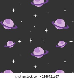 Patrón oscuro sin fisuras con color púrpura saturn y estrellas para telas, impresiones y tejidos