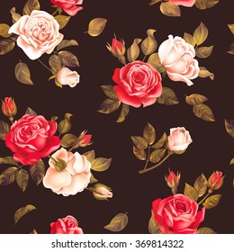 Seamless dark pattern with red and white roses. Vector illustration.