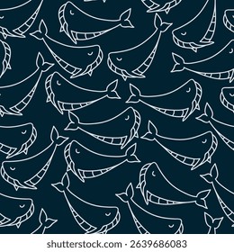 Seamless dark pattern with sperm whales and whales. Print for textile, covers, surface. For fashion fabric. Marine pattern
