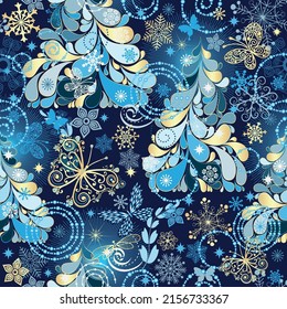 Seamless dark pattern with stylized magical forest, firs, snowflakes, golden butterflies, dragonflies and stars. Vector eps 10