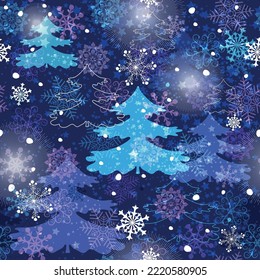 Seamless  dark pattern with stylized magical forest, firs, snowflakes, and stars. Vector eps 10