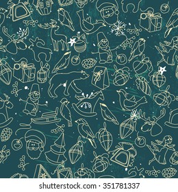 Seamless dark pattern with traditional Christmas elements. For festive design, announcements, greeting cards, postcards, posters.