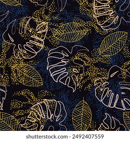 Seamless dark pattern with tropical plants and leaves. Floral seamless vector tropical pattern background with exotic leaves, jungle leaf. Exotic wallpaper, hawaiian style.