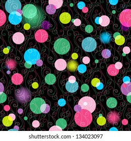 Seamless dark pattern with vivid colorful balls and curls (vector EPS 10)