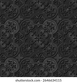 A seamless dark patterned texture featuring intricate designs and shapes, suitable for backgrounds or graphic projects.