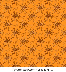 Seamless dark patterns of viruses and germs on a bright orange background. Linear contour icons in doodle style. Hand-drawn vector illustration