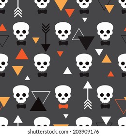 Seamless dark skull illustration halloween theme and geometric arrow details background pattern in vector