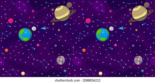 Seamless Dark Space Background With Cartoon Planets And Space Ship