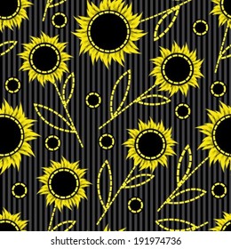 seamless dark striped background with abstract sunflowers